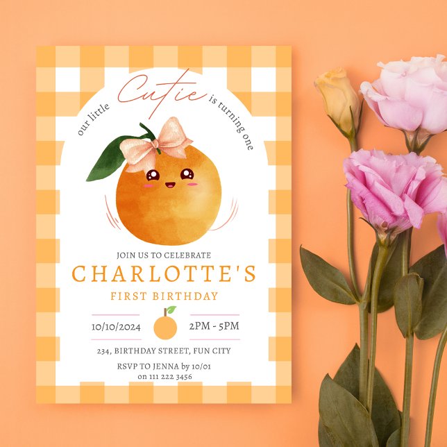 Invitación Pequeño Naranja Cutie Citrus Primer Cumpleaños (Little Cutie Orange Citrus 1st First Birthday Invitation)