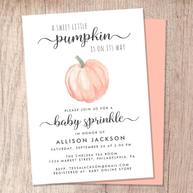 Invitación Pequeño Naranja de calabaza acuarela Bebé Rasguto (Celebrate the upcoming arrival of your sweet little autumn baby with a pumpkin-themed baby sprinkle)