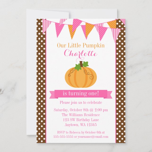 Invitación Pequeño Naranja de calabaza rosa Chica de Bunting  (Anverso)