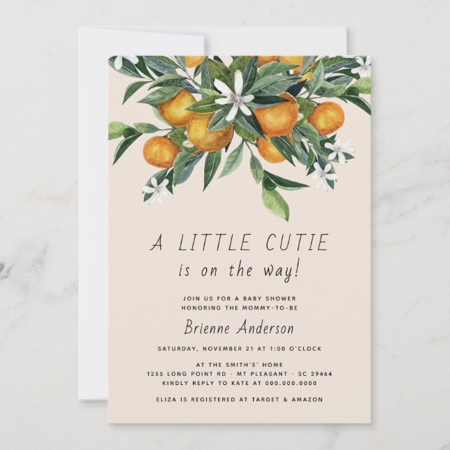 Invitación Pequeño Naranja de Citrus Cutie Baby Shower neutra (Anverso)