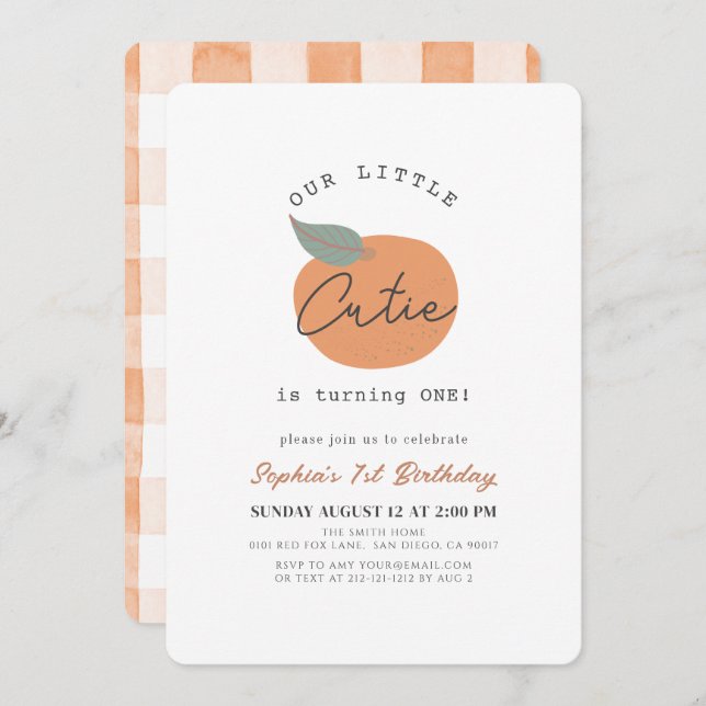 Invitación Pequeño Naranja de Cutie Limpieza Primer cumpleaño (Anverso / Reverso)