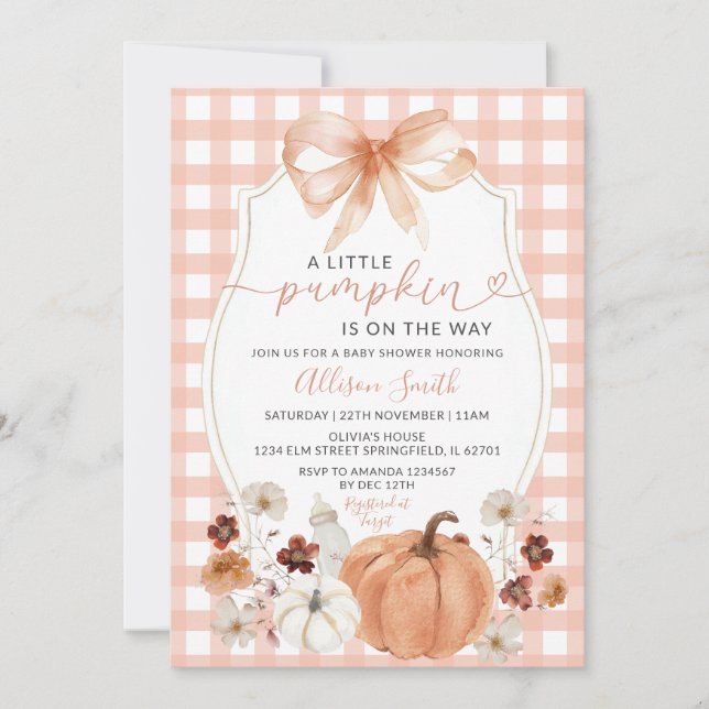 Invitación Pequeño Naranja floral de calabaza Gingham Baby Sh (Anverso)
