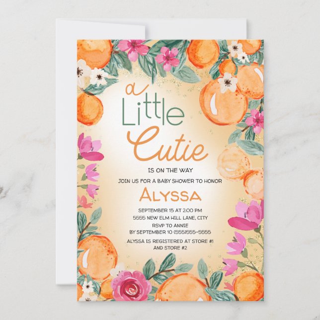 Invitación Pequeño Naranja rosado Floral Baby Shower (Anverso)