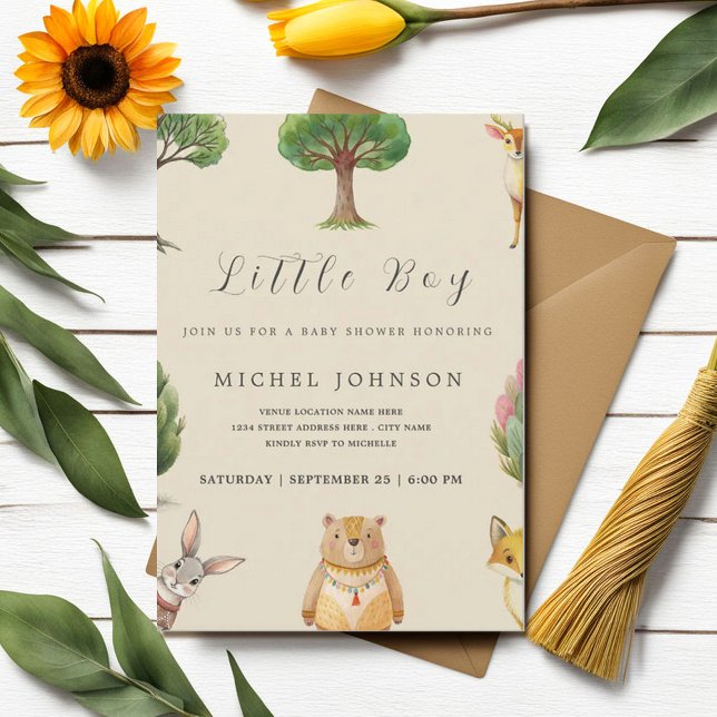 Invitación Pequeño niño Boho Woodland Animals Baby Shower (Subido por el creador)