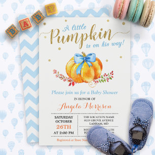 Invitación Pequeño niño de calabaza Dorado Blue Fall Baby Sho