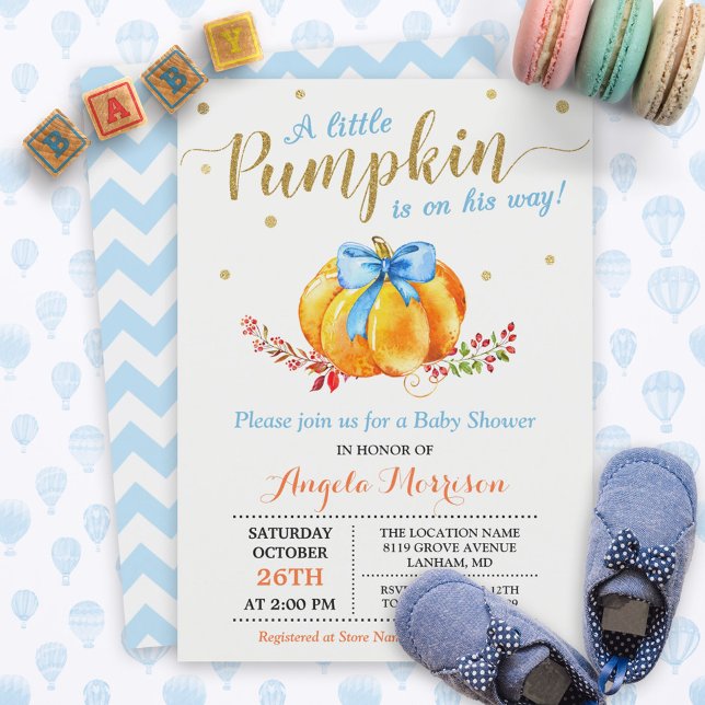 Invitación Pequeño niño de calabaza Dorado Blue Fall Baby Sho (Subido por el creador)
