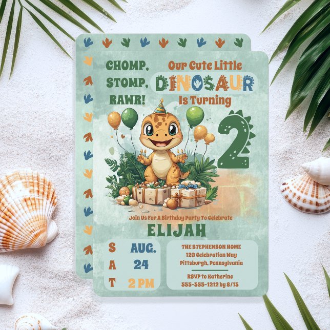 Invitación Pequeño niño de dinosaurio lindo segundo Fiesta de ("Chomp, Stomp, Rawr!" "Our Cute Little Dinosaur Is Turning 2" 2nd Birthday Party Invitation)
