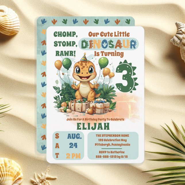 Invitación Pequeño niño de dinosaurio lindo tercer Fiesta de  ("Chomp, Stomp, Rawr!" "Our Cute Little Dinosaur Is Turning 3" 3rd Birthday Party Invitation)