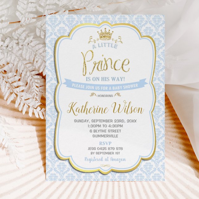 Invitación Pequeño niño Príncipe Baby Shower Blue Damask (Subido por el creador)