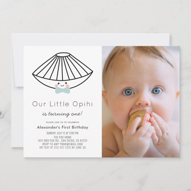 Invitación Pequeño Opihi Blue Bow Tie Boy Foto Primer cumplea (Anverso)