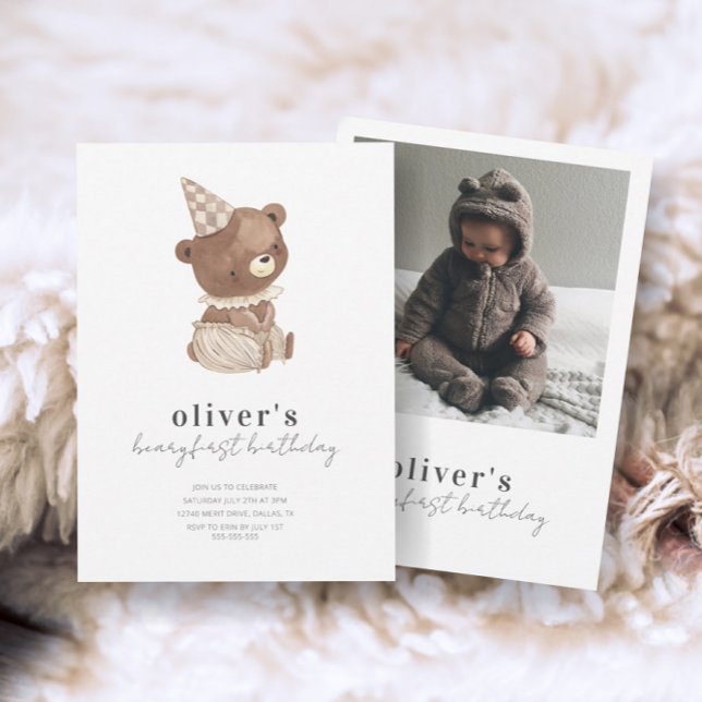 Invitación Pequeño Oso Moderno y Cute Foto Primer Cumpleaños (Subido por el creador)