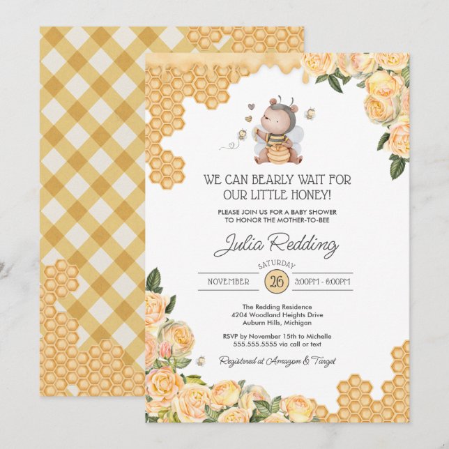 Invitación Pequeño oso oso oso de miel de abeja y Baby Shower (Anverso / Reverso)