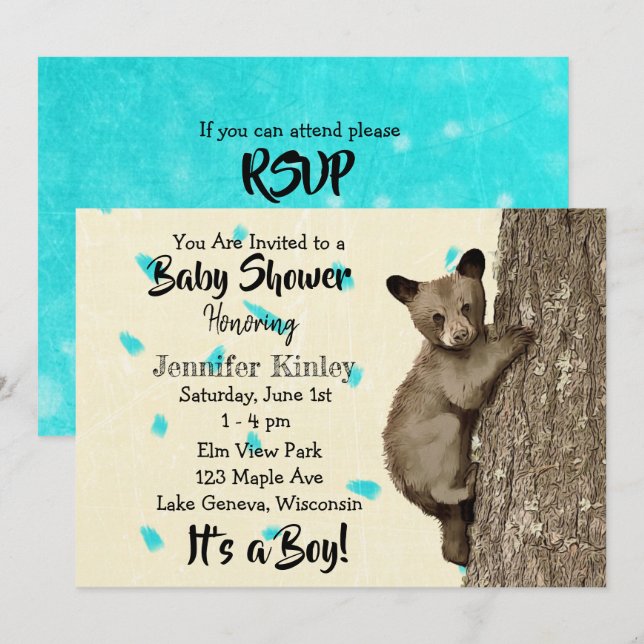 Invitación Pequeño oso oso oso Verde azulado y el Baby Shower (Anverso / Reverso)