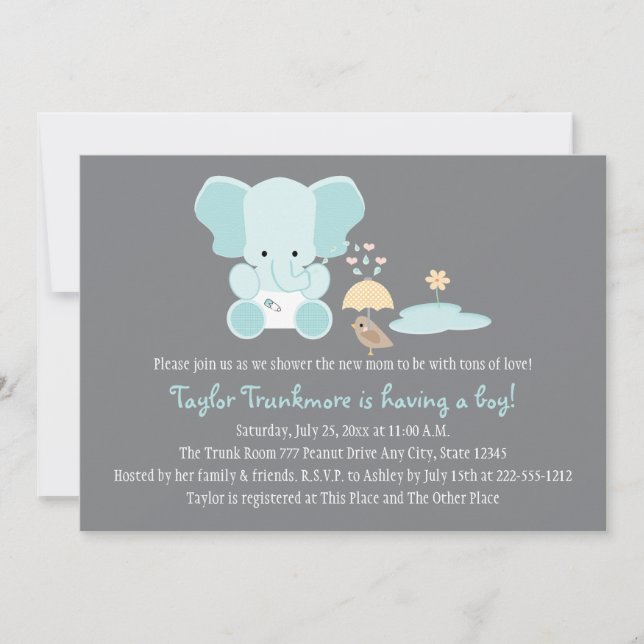 Invitación Pequeño pájaro Baby Shower del elefante azul (Anverso)