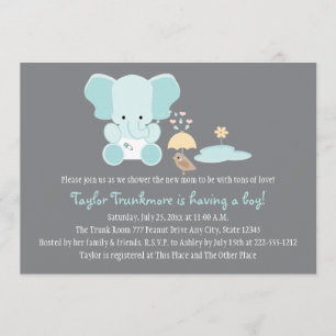 Invitación Pequeño pájaro Baby Shower del elefante azul