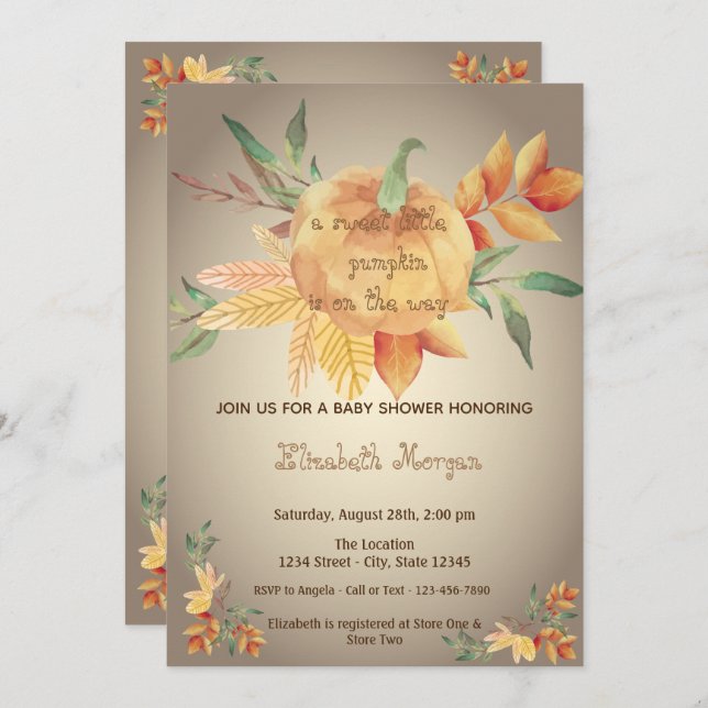 Invitación Pequeño Pampkin, hojas, Baby Shower otoño (Anverso / Reverso)