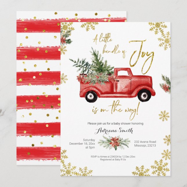 Invitación Pequeño paquete del Baby Shower de Joy Red Truck (Anverso / Reverso)