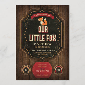 Invitación Pequeño partido de cumpleaños de Fox, Carbón Rústi