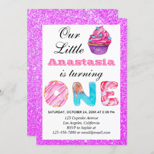 Invitación Pequeño pastelito morado Purpurina primer cumpleañ