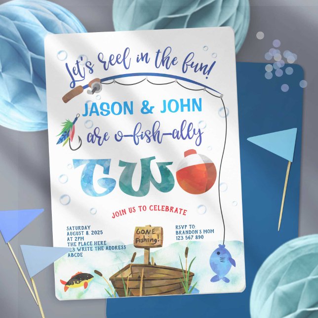 Invitación Pequeño pescador gemelo aliado O-fish Segundo cump (Twin boy 2nd birthday invitation, O-fish-ally, fishing themed, little fisherman birthday invites.)