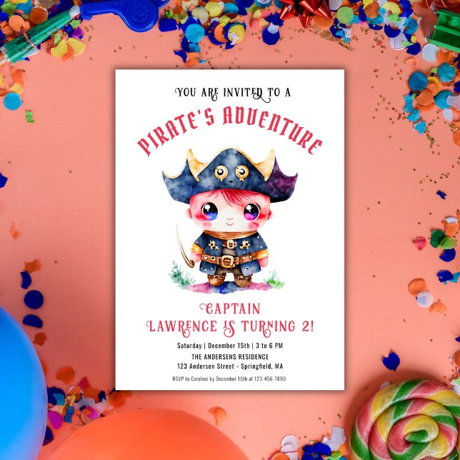 Invitación Pequeño pirata lindo fiesta de cumpleaños rojo (Cute Little Pirate Boy Red Birthday Party Invitation)