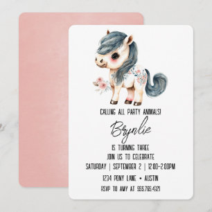 Invitación Pequeño Pony Birday Cute White Horse Rosa