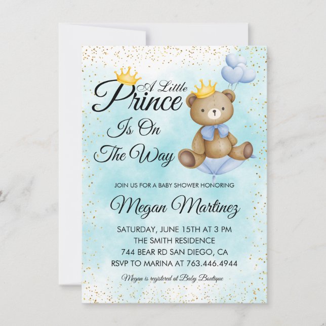 Invitación pequeño príncipe azul oro niño bebé ducha (Anverso)