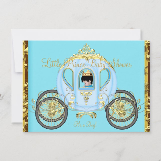 Invitación Pequeño príncipe Baby Shower Blue Gold Boy Carrito (Anverso)
