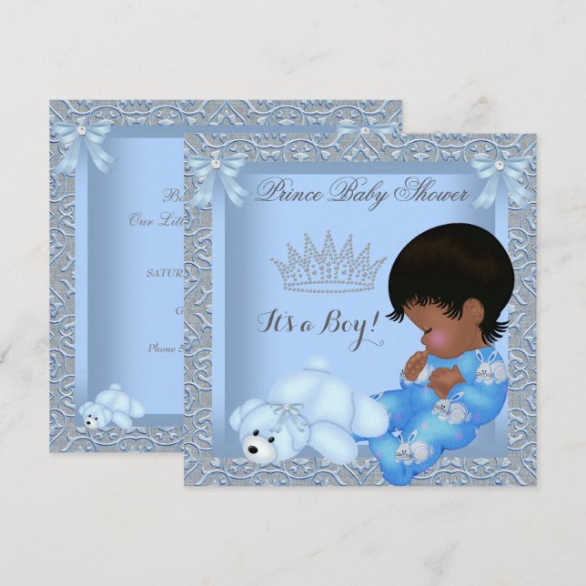 Invitación Pequeño Príncipe Baby Shower Boy Blue Damask AM (Anverso / Reverso)