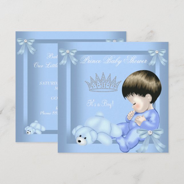 Invitación Pequeño príncipe Baby Shower Boy Blue Toy Bear (Anverso / Reverso)