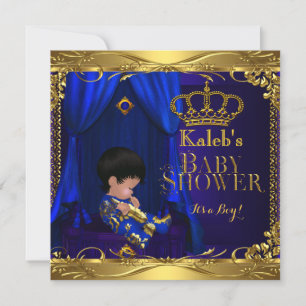 Invitación Pequeño Príncipe Baby Shower Niño Azul Regal Coron
