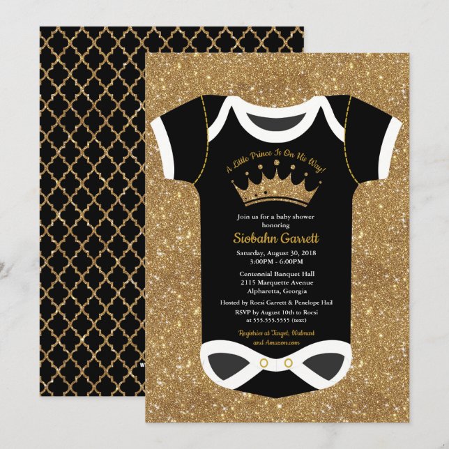 Invitación Pequeño príncipe Black y oro real Baby Shower (Anverso / Reverso)