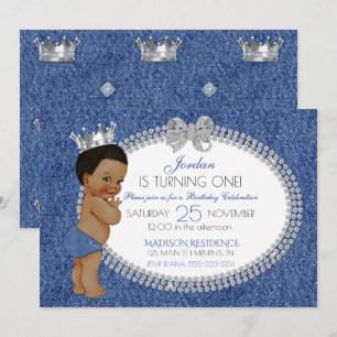 Invitación Pequeño Príncipe Denim Afroamericano y Diamantes