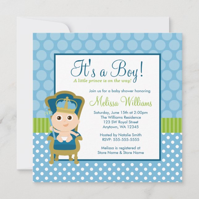 Invitación Pequeño príncipe Throne Polka Dot Boy Baby Shower (Anverso)