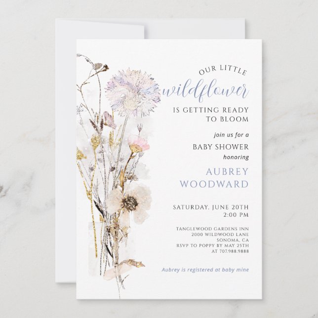 Invitación Pequeño Purpurina de flores silvestres Baby Shower (Anverso)