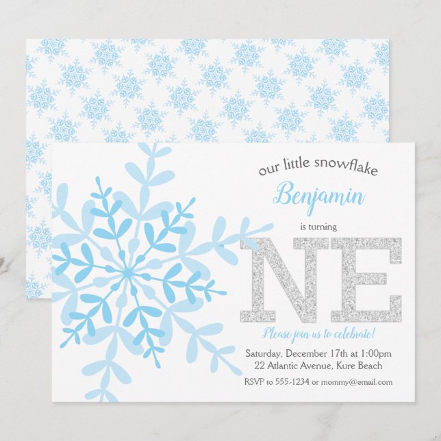 Invitación Pequeño Purpurina de Snowflake Blue Silver primer  (Anverso / Reverso)