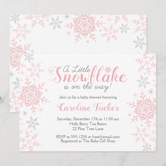 Invitación Pequeño Purpurina rosado de nieve de plata Baby Sh (Anverso / Reverso)