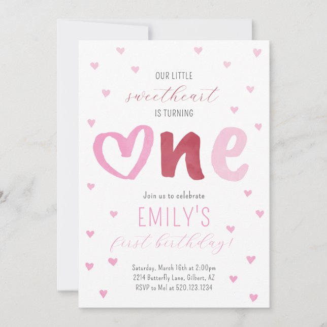 Invitación Pequeño querido corazón rojo rosado Primer cumplea (Anverso)