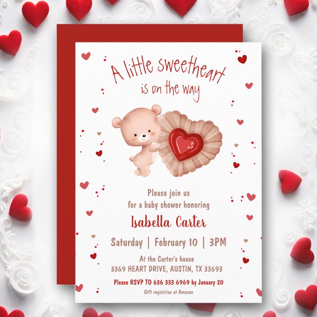 Invitación Pequeño querido oso rojo San Valentín Baby Shower (Little Sweetheart Bear Red Valentines Baby Shower Invitation)