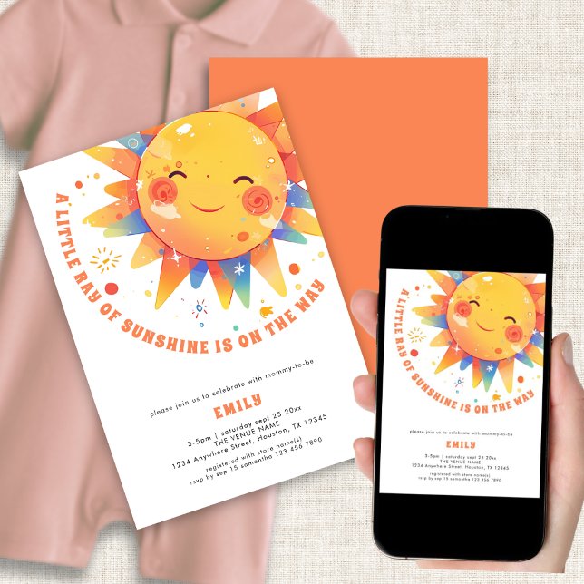 Invitación Pequeño rayo de Baby Shower Sunshine Retro (Front and back view. Available digitally and printed)