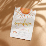 Invitación Pequeño rayo de sol Boho Rainbow Baby Shower<br><div class="desc">En la parte superior de la invitación, esta adorable ducha de bebé tiene un sol de color boho pintado a mano y un arcoiris a juego en rosa, naranja y amarillo. El texto dice "¡nuestro pequeño rayo de sol está casi aquí!" con "luz del sol" en letras de guiones dorados...</div>