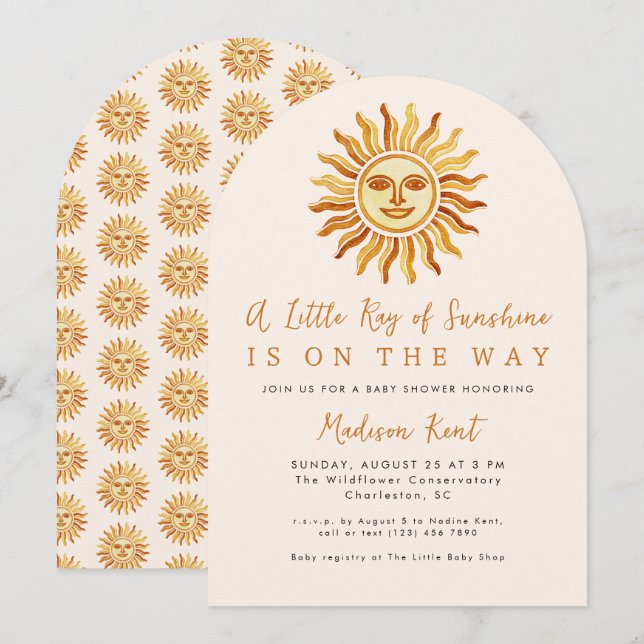 Invitación Pequeño Rayo de Sol Boho Sol Fiesta de Bebé (Anverso / Reverso)