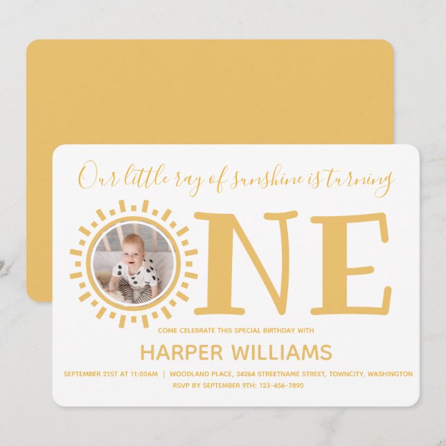 Invitación Pequeño rayo de sol foto bebé primer cumpleaños (Anverso / Reverso)