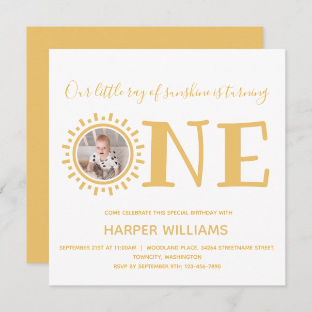 Invitación Pequeño rayo de sol foto bebé primer cumpleaños (Anverso / Reverso)