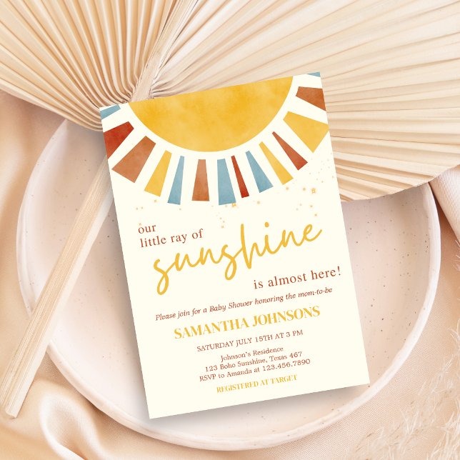 Invitación Pequeño rayo de Sunshine Boho Baby Shower (Little Ray of Sunshine Baby Shower Invitation)