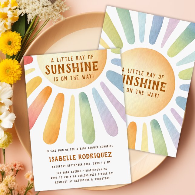 Invitación Pequeño Rayo Del Sol Boho Rainbow Baby Shower (Little Ray Of Sunshine Boho Rainbow Baby Shower Invitation - Front & Back)