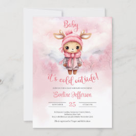 Invitación Pequeño reno bebé rosado en el bosque de la nieve