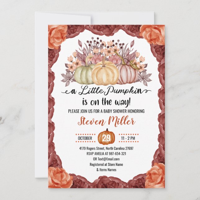 Invitación Pequeño rosa de calabaza flor de otoño Baby Shower (Anverso)