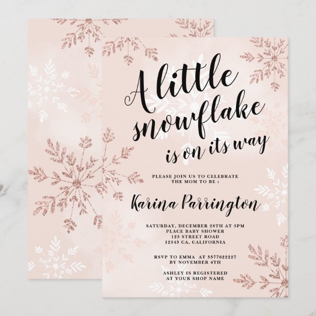 Invitación Pequeño rosa de copo de nieve oro guion rosado beb (Anverso / Reverso)