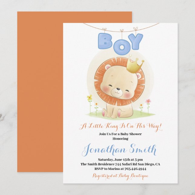 Invitación Pequeño Safari Lion Watercolor Baby Shower (Anverso / Reverso)
